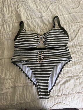 Women’s olive & White Striped Two-Piece Swim Set